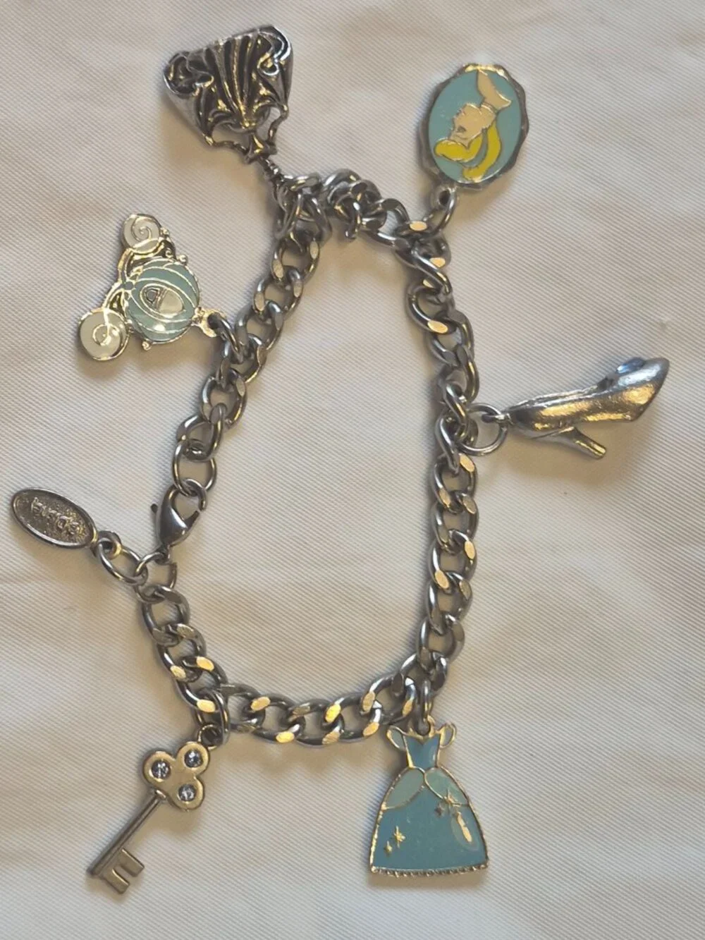 Vintage Disney Silver Tone Enamel Cinderella Charm Bracelet